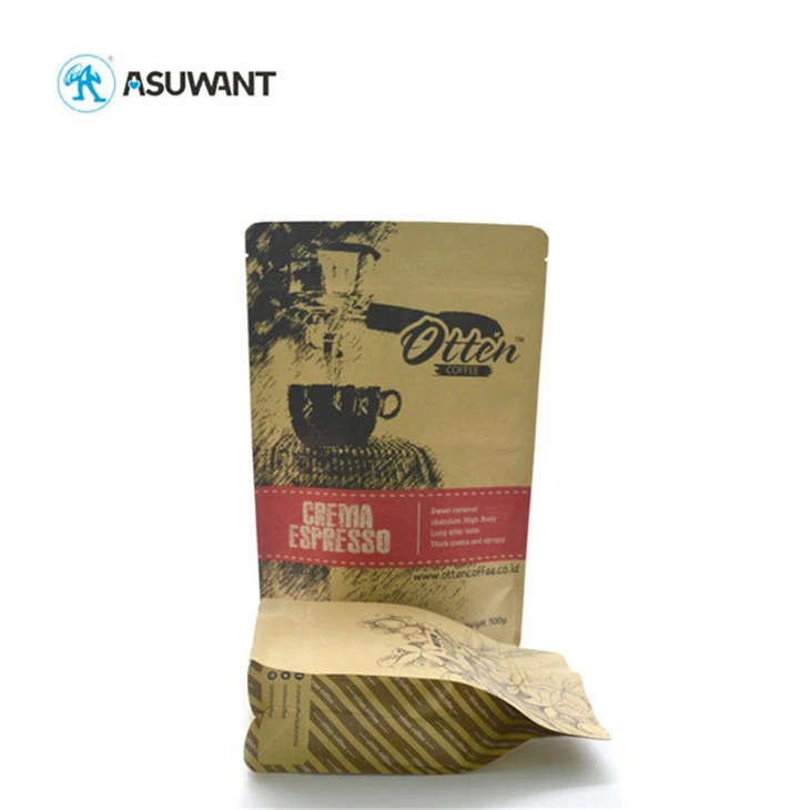 Fresh Roasted Coffee Kraft Paper Zipper Bags 500g For Crema Espresso Beans